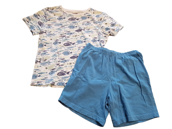 Schlafanzug Shorty weiß blau Fische Gr. 122/128